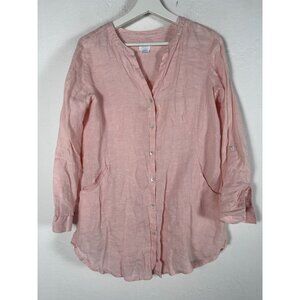 Sigrid Olsen Womens Pink Linen Button-Down Tunic Top Small Long Sleeve Pockets